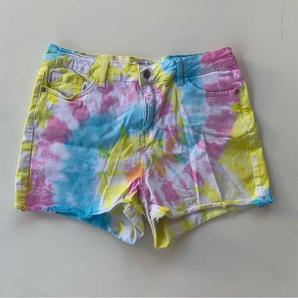 Judy Blue Shorts Tie Dye Rainbow Women XL Stretch Denim Fray Cut-Off Colorful